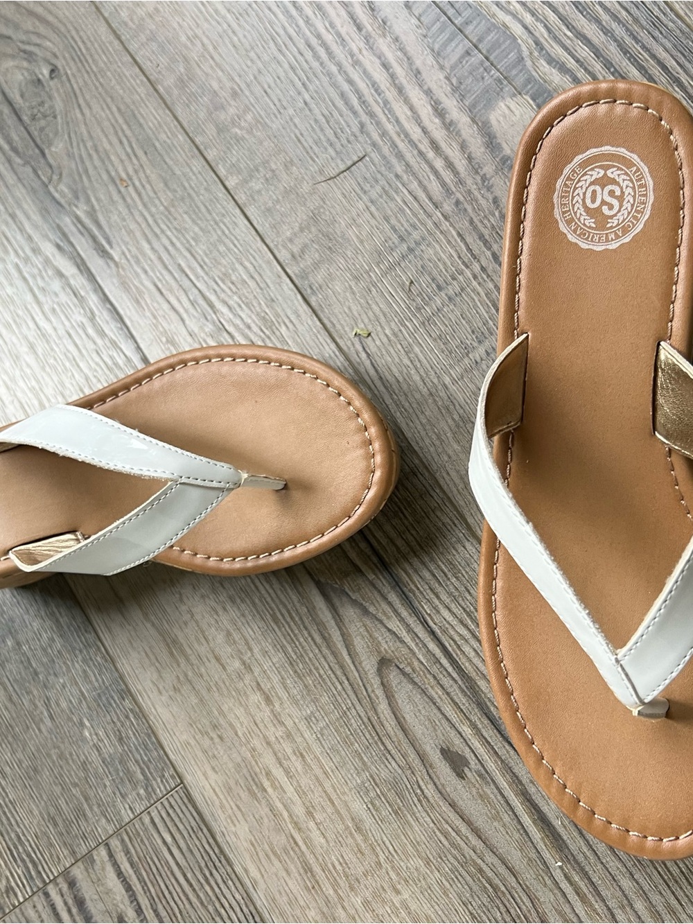 SO White and Tan Slip-On Thong Sandals